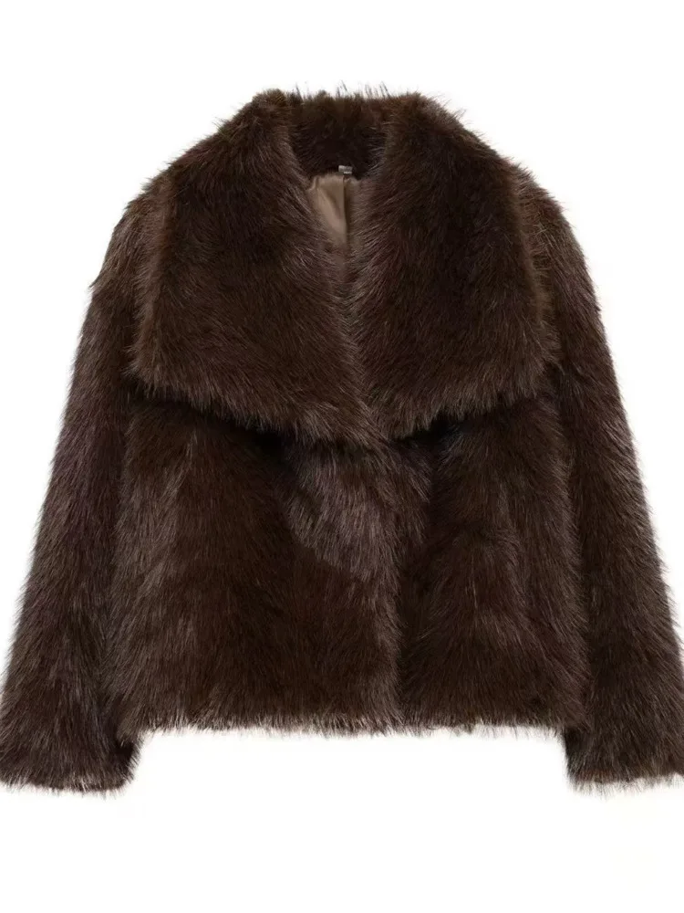 DFDG 여성용 2025 가을 겨울 인조 모피 코트 친환경 두꺼운 맥시 칼라 스타일리시 미니멀리스트 캐주얼 따뜻한 아우터웨어 모피 코트