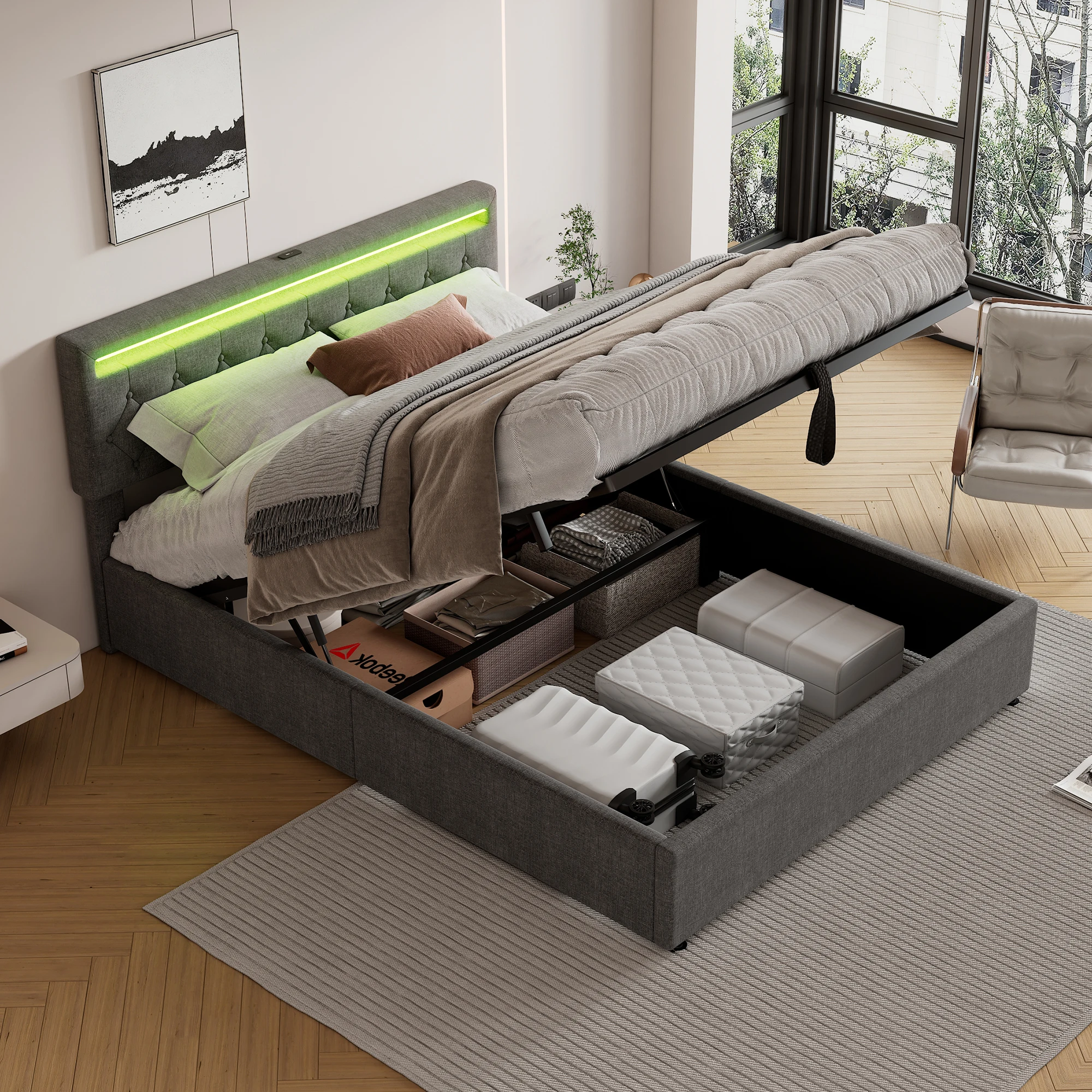 Lit coffre 160x200 cm - Lit double adulte avec télécommande LED et ports USB Type-C - Revêtement en lin MDF résistant - Gris, sans matelas