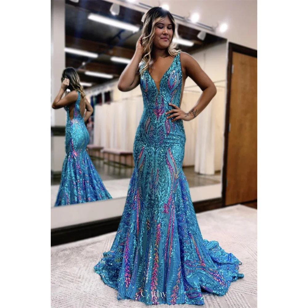 

Cathy Colourful Lace Glitter Prom Dress V-neck Backless Mermaid فساتين سهرة Elegant Sleeveless Floor-length vestidos de fiesta