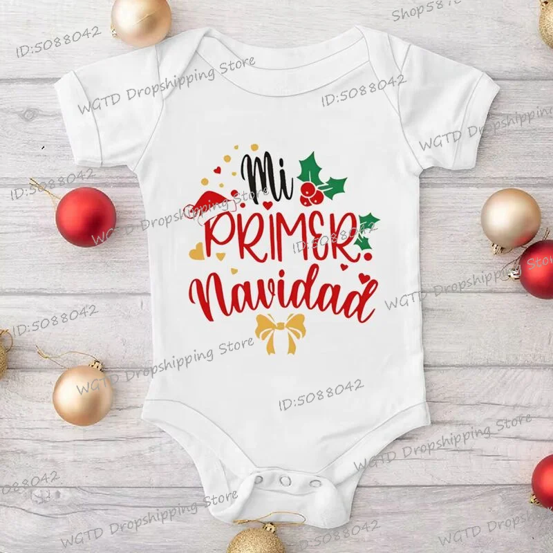 私の最初のクリスマス新生児ボディスーツベビー半袖ロンパーススペイン語プリント幼児洗礼衣装幼児クリスマスパーティー服