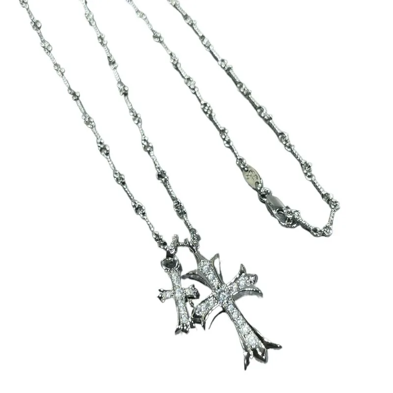 

Double Cross Pendant Necklace Diamond Set Red Plated 18k High Version Bamboo Chain