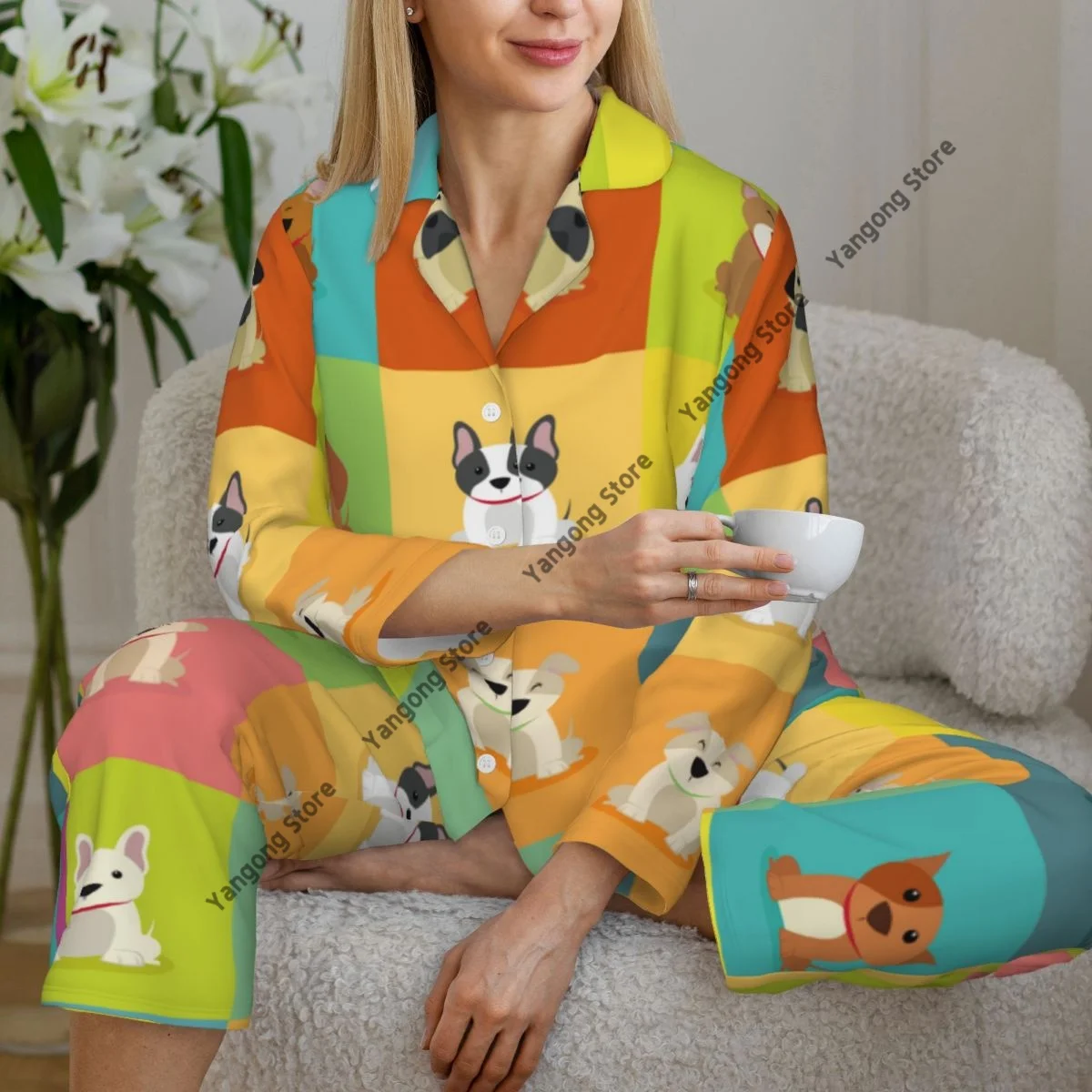 Women Sleepwear Pajamas Abstract Cute Dogs Long Sleeve Pijama Female Set Negligee Cardigan Suit