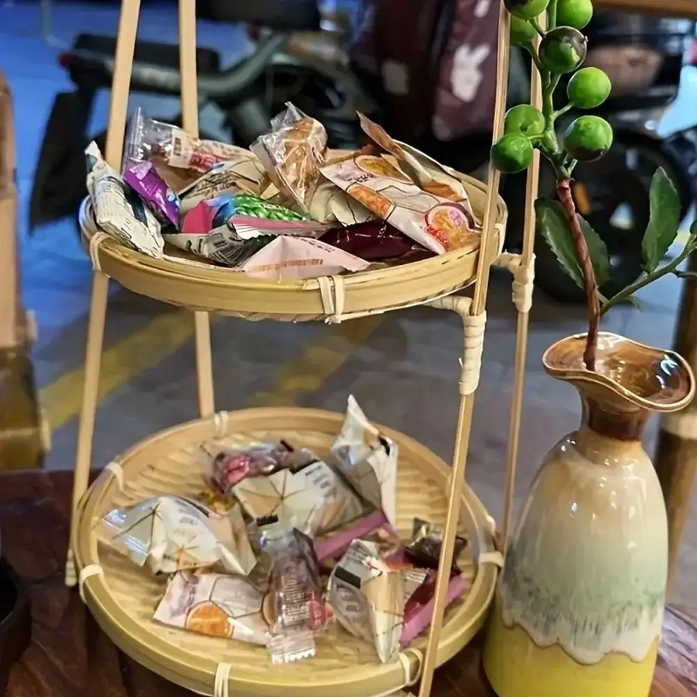 Fruit Tray 1/2/3 Tier Bamboo Weaving Baskets Round Handcrafted Snack Display Stand Weave Elegant Storage Baskets Home