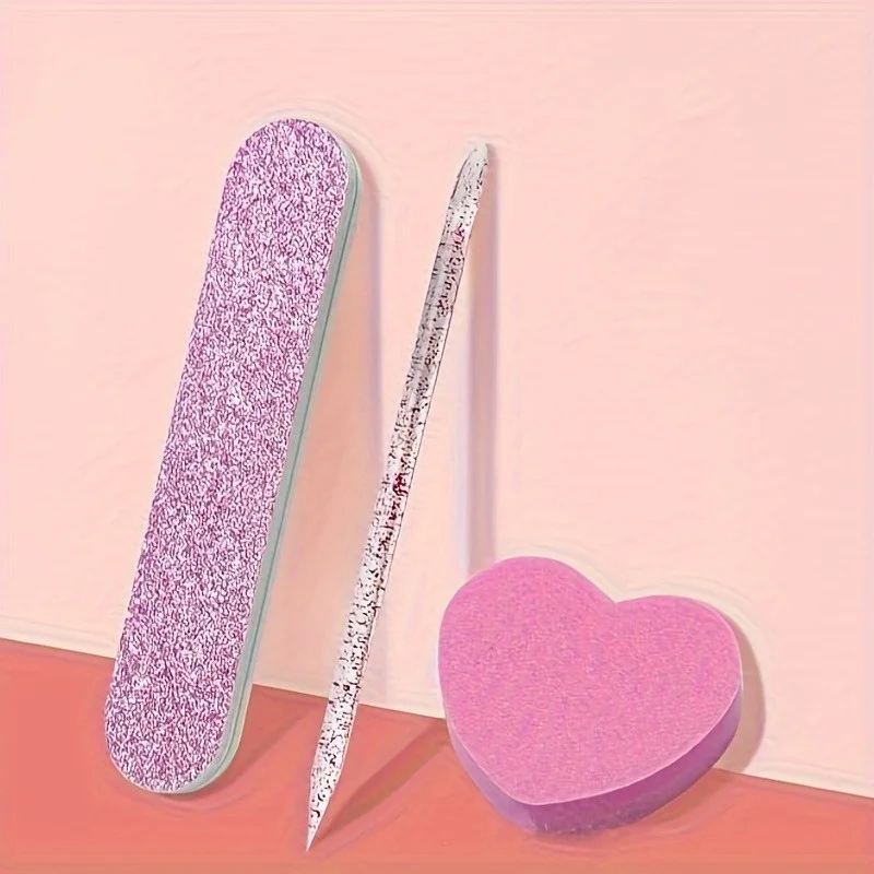 ピンクグリッターネイルケアキット12点セット - ハート型バッファ、クリスタルロッド、ネイルアートとペディキュア用の両面ファイル