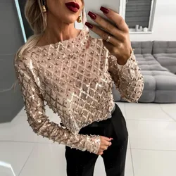 Blusa transparente con cuentas brillantes y lentejuelas doradas para mujer, Top calado con cuello redondo, jersey de manga larga a la moda para otoño