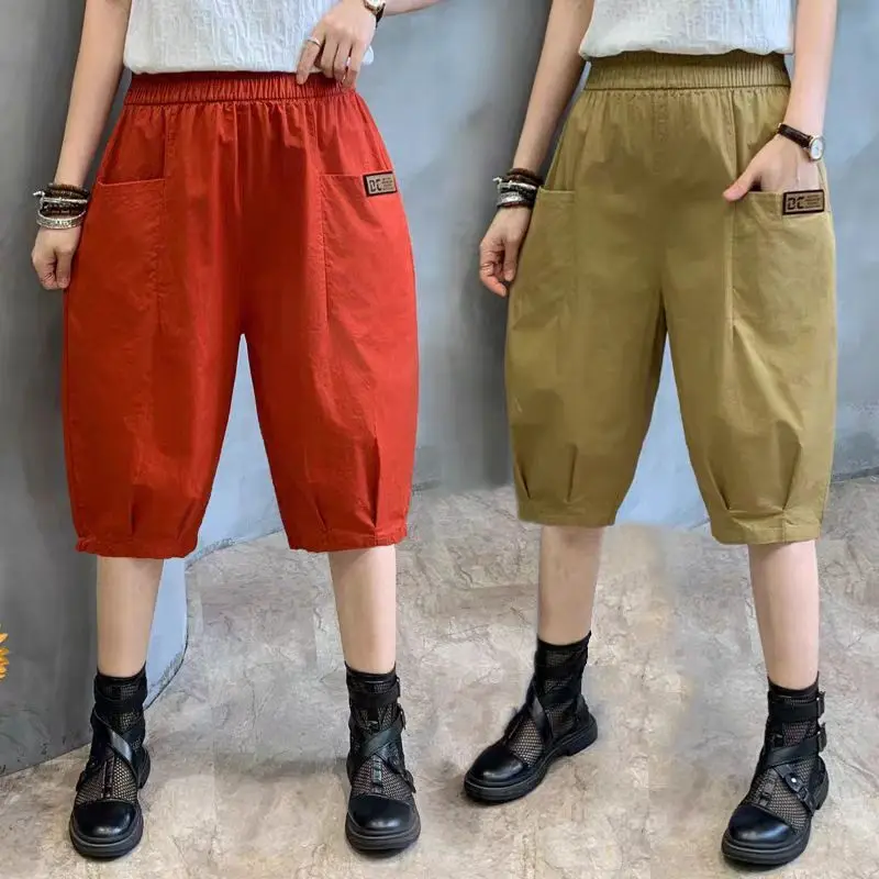 

2024New Oversized Women's Clothing Calf-Length Pants Casual Pocket Solid Color Elastic Waist Trousers Summer Fashion Loose Pants