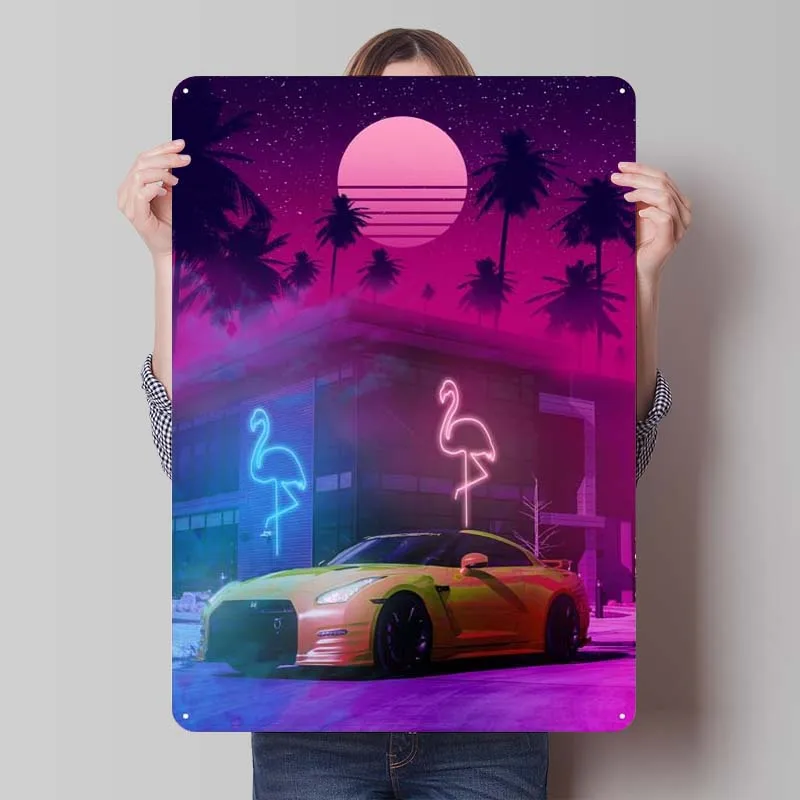 Neon Flamingo Gtr R34 Tinplate Sign Car Poster Metal Wall Art of Murals Retro Metal Sign for Garage Wall Decoration Man Cave