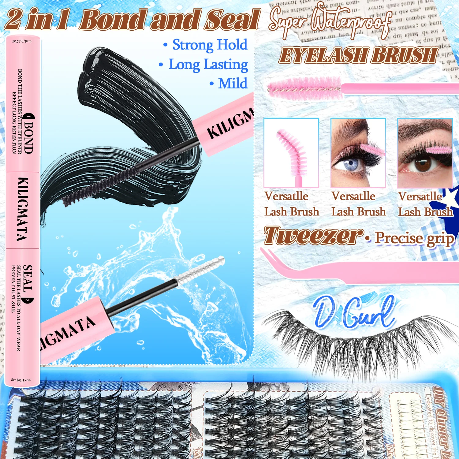 768PCS DIY Cluster Lash Extension Kit 10D 20D 30D 40D D Curl Individual Lashes With Bond Seal Tweezers 10-16mm Mixed Bottom Lash image 5