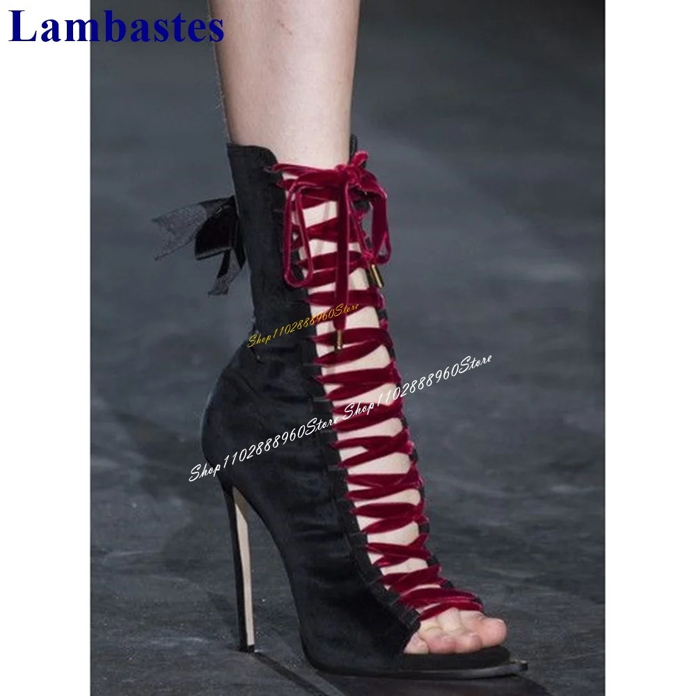 

Mid Calf Cross Tied Black Suede Luxury Sandals Thin High Heel Women Shoes Back Zipper Open Toe 2024 Fashion Zapatos Para Mujere