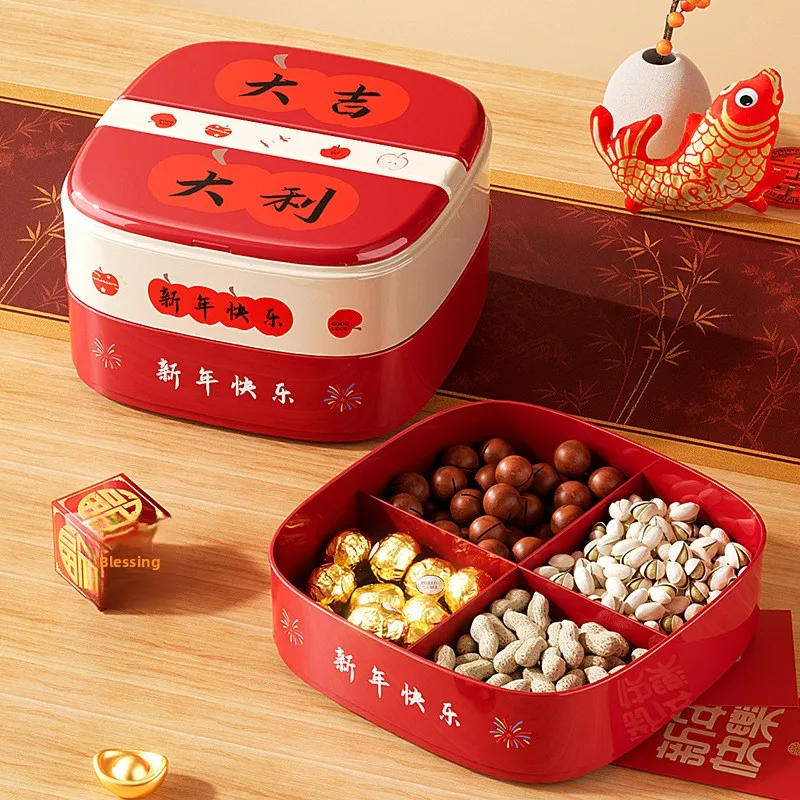 

Новогодняя красная коробка для сухофруктов и конфет с разделителями, праздничный контейнер для хранения большой вместимости для дома и гостиной