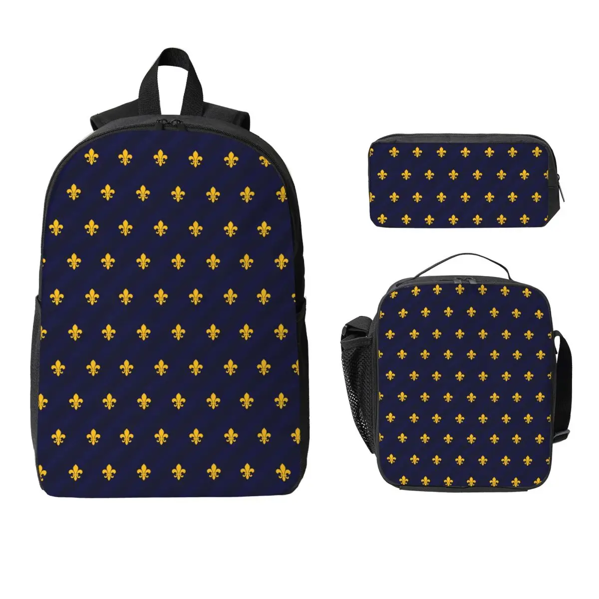 

Fleur De Lys Gold Blue Backpack Boys Girls BookBag School Bag Computer Shoulder Bags 3ps Insulated Lunch Bag Pencil Case