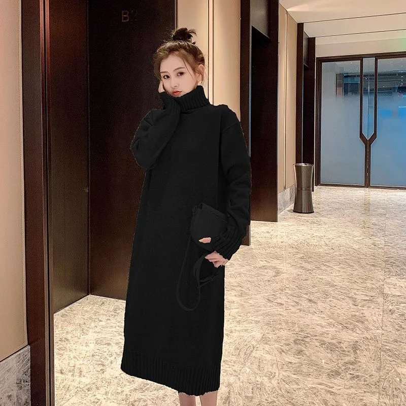 High neck pullover sweater dress for women autumn and winter long version new fashion style base woolen dress