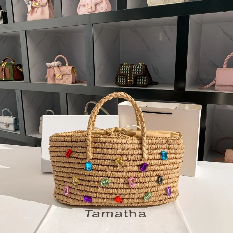 Summer Straw Woven Handmade Handbag Large Capacity Bucket Bag Crystal Shiny Rhinestones Diamond Tote Bag Women Holiday Beach Bag