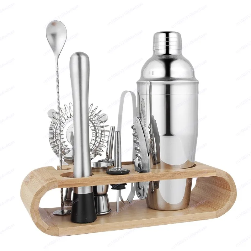 

Cocktail Mixer Set 10-piece stainless steel mixing tool with wooden base