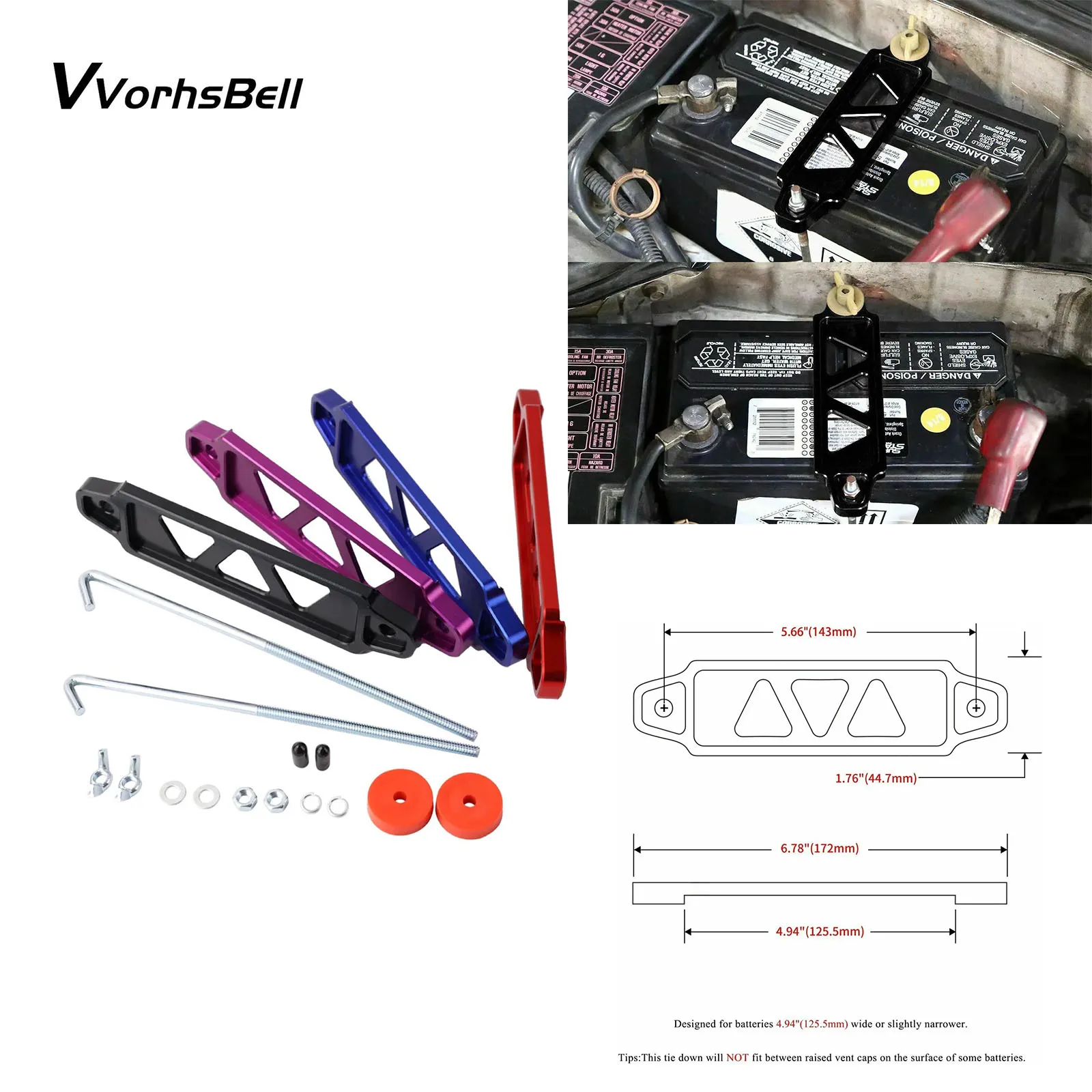 Billet Aluminum JDM Battery Tie Down Bracket Kit With 8 Inch J-Hook Bolt Battery Hold Down Brace Bar