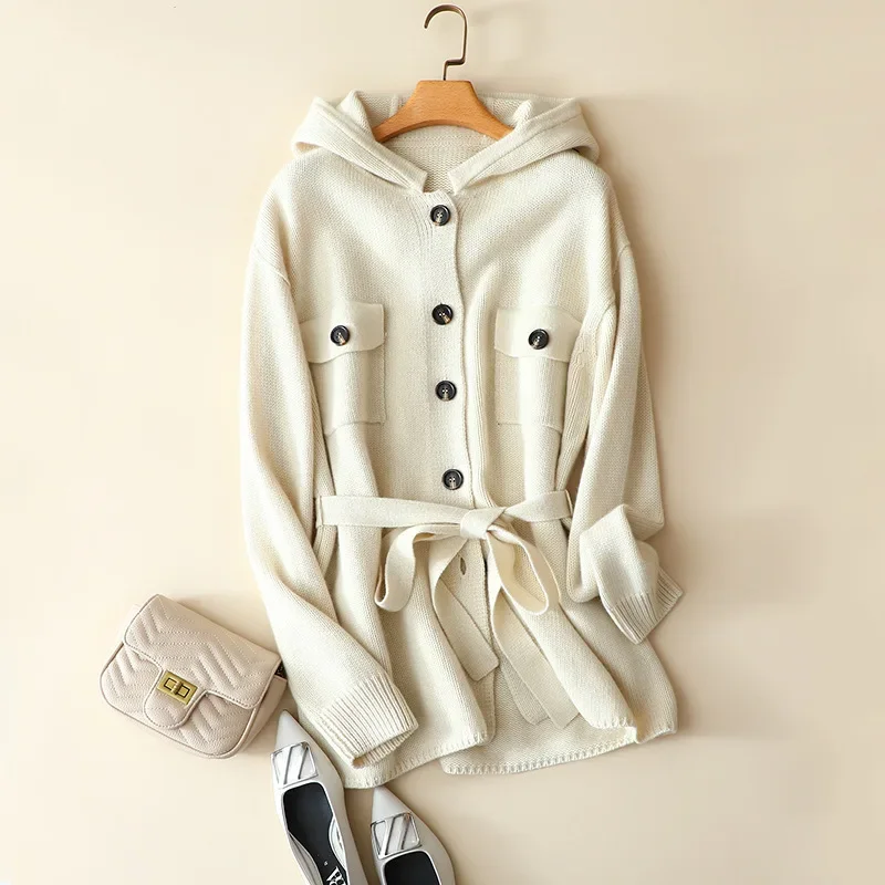 luxury 100% cashemere hooded sweater women winter thick warm cardigan coat with belt chic oversized outerwear long sleeve pocket