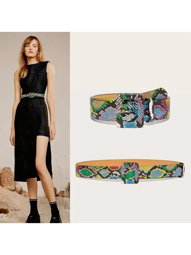 2024 レディースピンバックル高品質 Pu レザーグリーンスネークプリントガードルドレスコートスーツセーター装飾ベルト女性のための