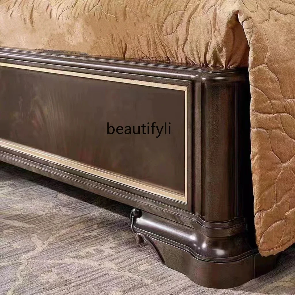 A15 ヨーロッパスタイルのレトロなダブルベッド無垢材彫刻寝室プルバックルレザー背もたれホテルホームステイ