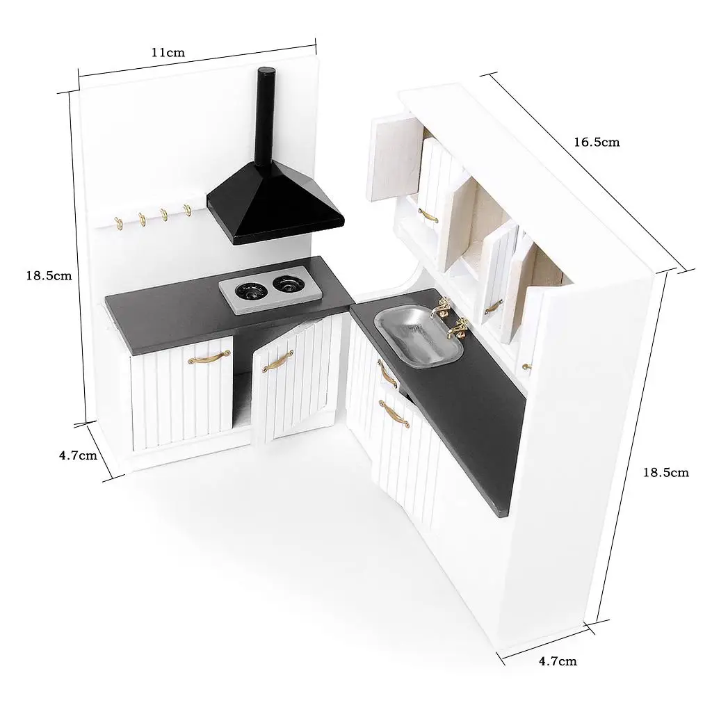 Houten miniatuur pop moderne keukenspeelset, 1/12 poppenhuis meubelaccessoires