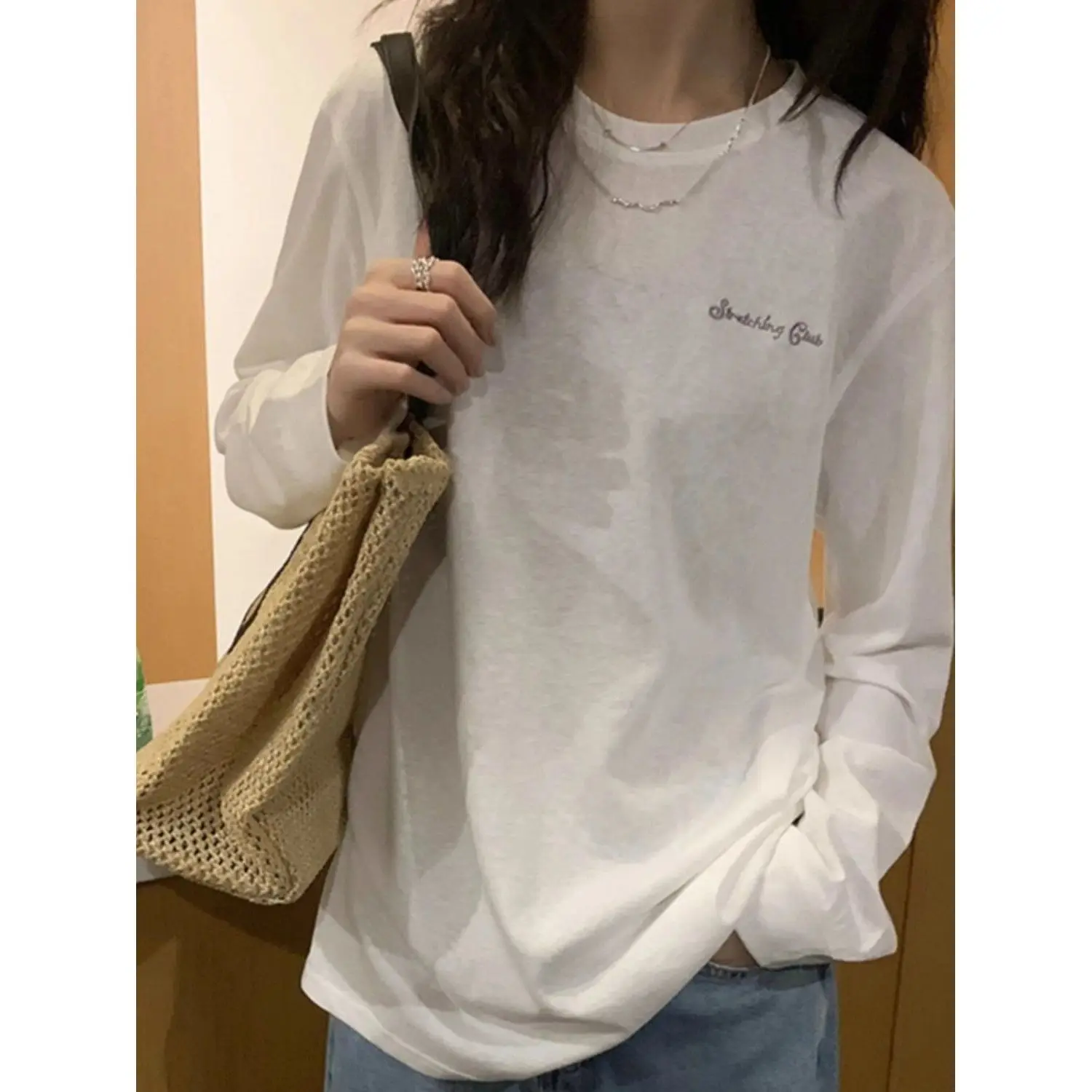 plus Size Long Sleeve T-Shirt Embroidered Letter Silk Snowflake Cotton Casual Versatile Spring Autumn Women's Top