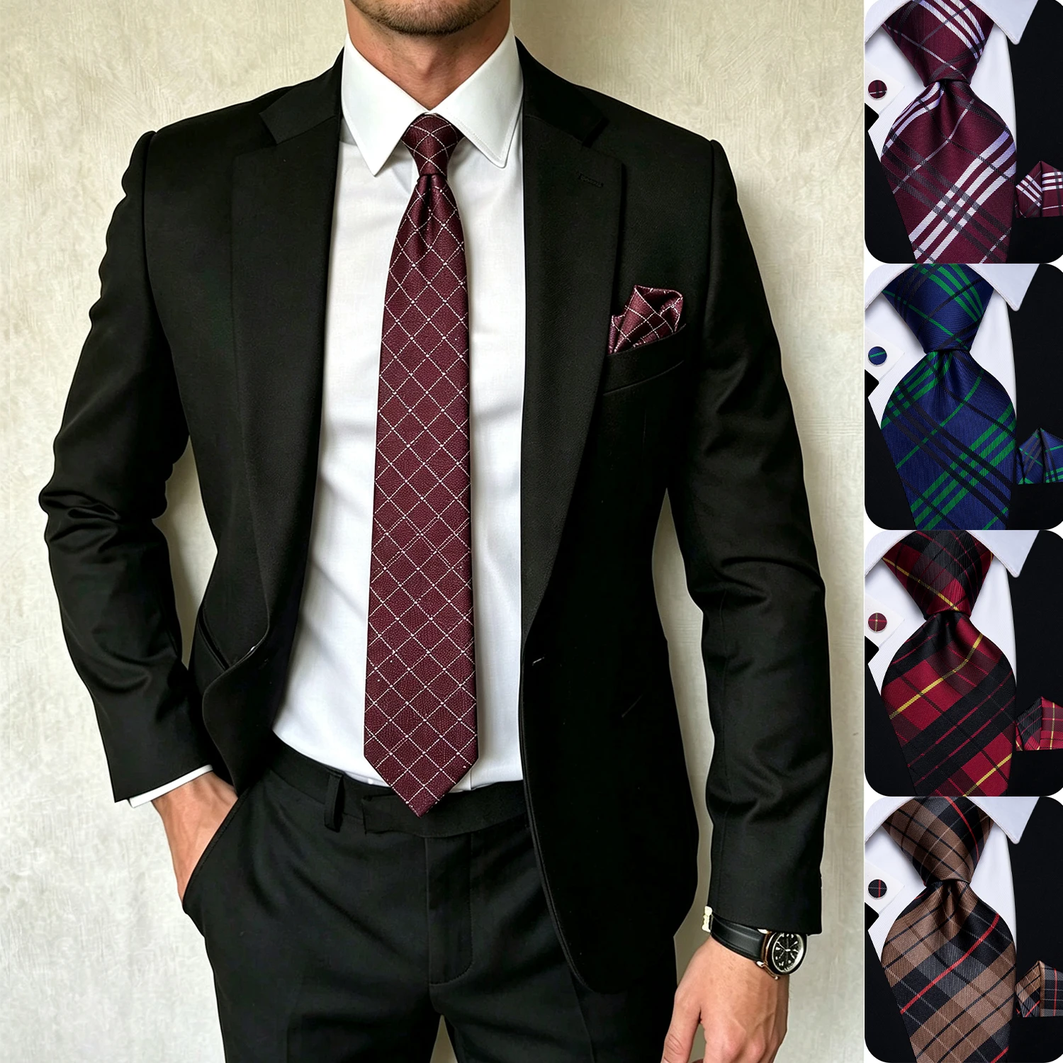 Mens Plaids Tie Hanky Cufflinks Set 3Pcs Formal Necktie for Business Wedding Office Party Banquet Interview Groom Prom Event