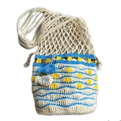 Sac portable en coton et lin fait à la main pour filles, crochet de poisson, tricot chic, printemps, été, niche Mori, femme, rayure tout match