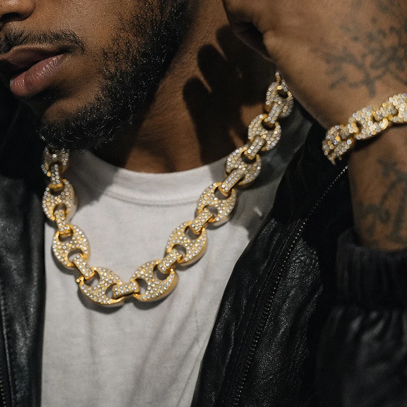 Men Women Hip Hop Iced Out Chain Necklace High Quality 12mm Coffee Bean Link Chain Necklaces Fashion Jewelry Hiphop Rapper Gift