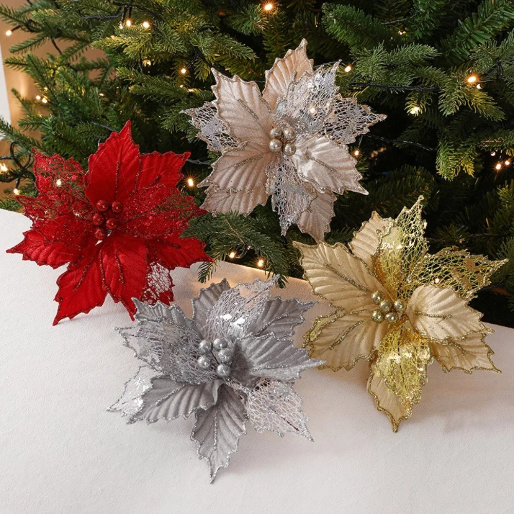 New 24cm Poinsettia Glitter Flower DIY Fake Flowers Christmas Flowers Merry Christmas Party Supplies Xmas Tree Decorations