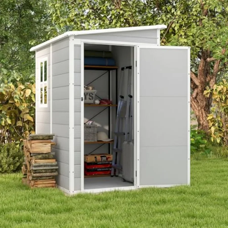 Outdoor storage shed for backyard use, plastic material, light gray color, includes floor and weather-resistant design