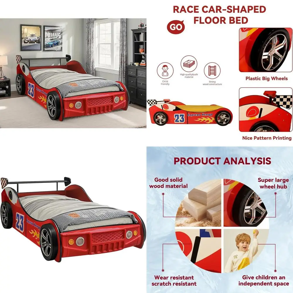 

Children's Race Car-Inspired Twin Bed with LED Lights and Slat Support for Toddlers, Teens, Boys, and Girls - Red