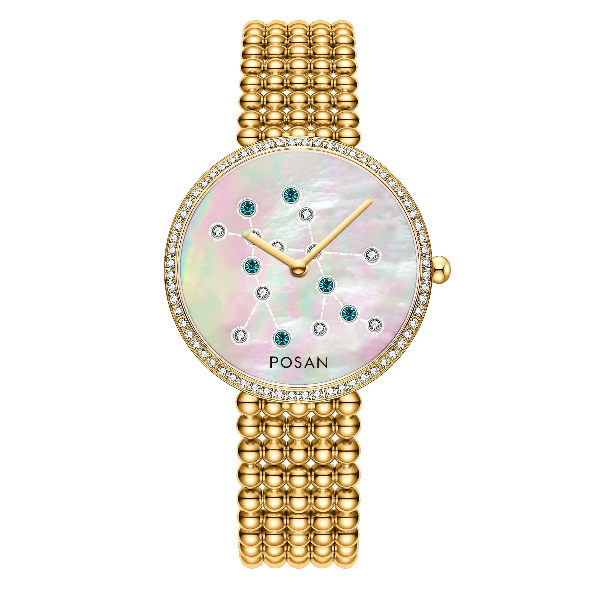 ساعة بوسان كلاسيكية كوارتز للنساء مع قشرة اللؤلؤ ومجموعة الأحجار الكريمة وسوار خرز من الفولاذ المقاوم للصدأ PSW-001C