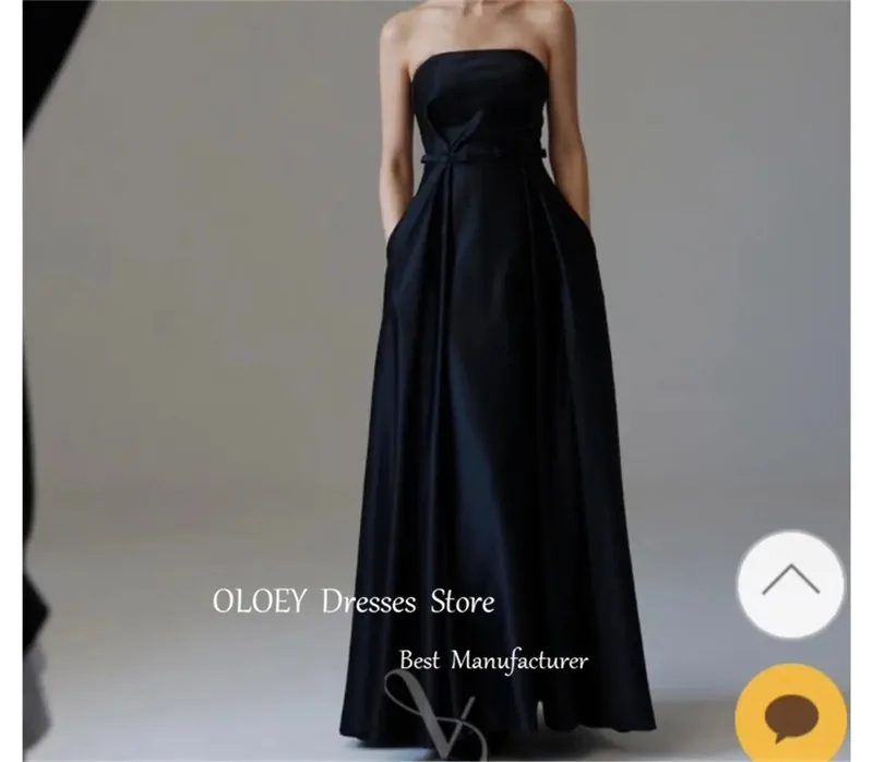 OLOEY-Vestidos de Noche negros simples con bolsillos para sesión de fotos de boda de Corea, vestido de fiesta Formal de satén sin tirantes, corsé en la espalda