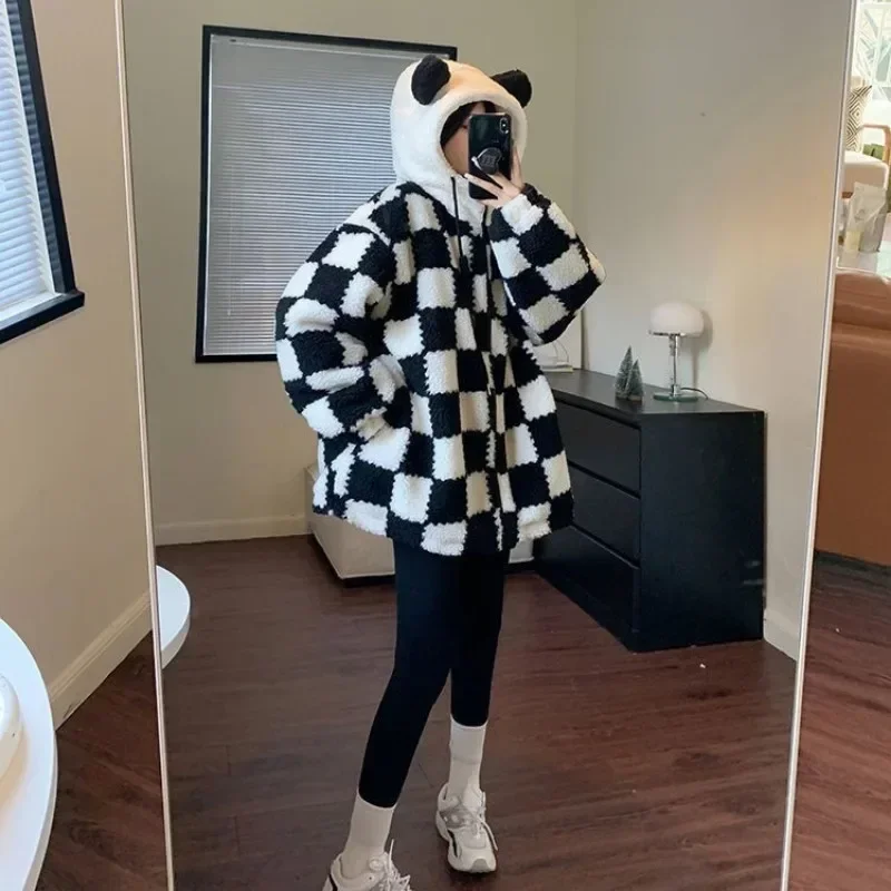 Kawaii Zip Up Loose Y2k Hoodies Women Winter Thicken Checkerboard Harajuku Bear Ears Cute Female Sweatshirt Oversized Coat Kpop