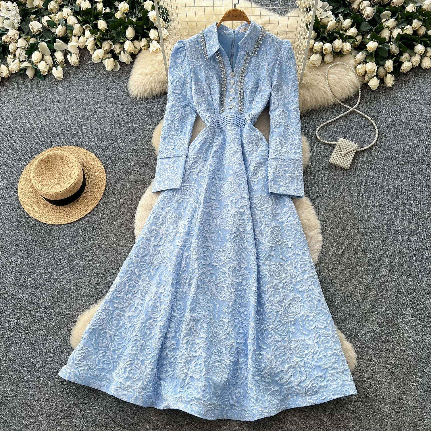 Greenora Luxury Rose Jacquard Dress High Quality Long Sleeve Beaded Collar Slim Waist A-Line Maxi Elegant Party Gown for Women
