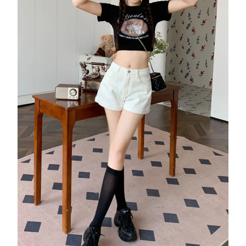 

Spring Summer 2025 New Demin Shorts Women Korean Sle High Waist Stretch Tight Korean Sle Versatile White Hot Pants Ins Fashion