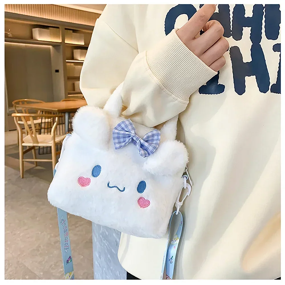 Sanrio Plush Shoulder Bag Cute Melody Kuromi Cinnamoroll Fashion Bag Kawaii Cartoon Plush Handbag Girl Gift