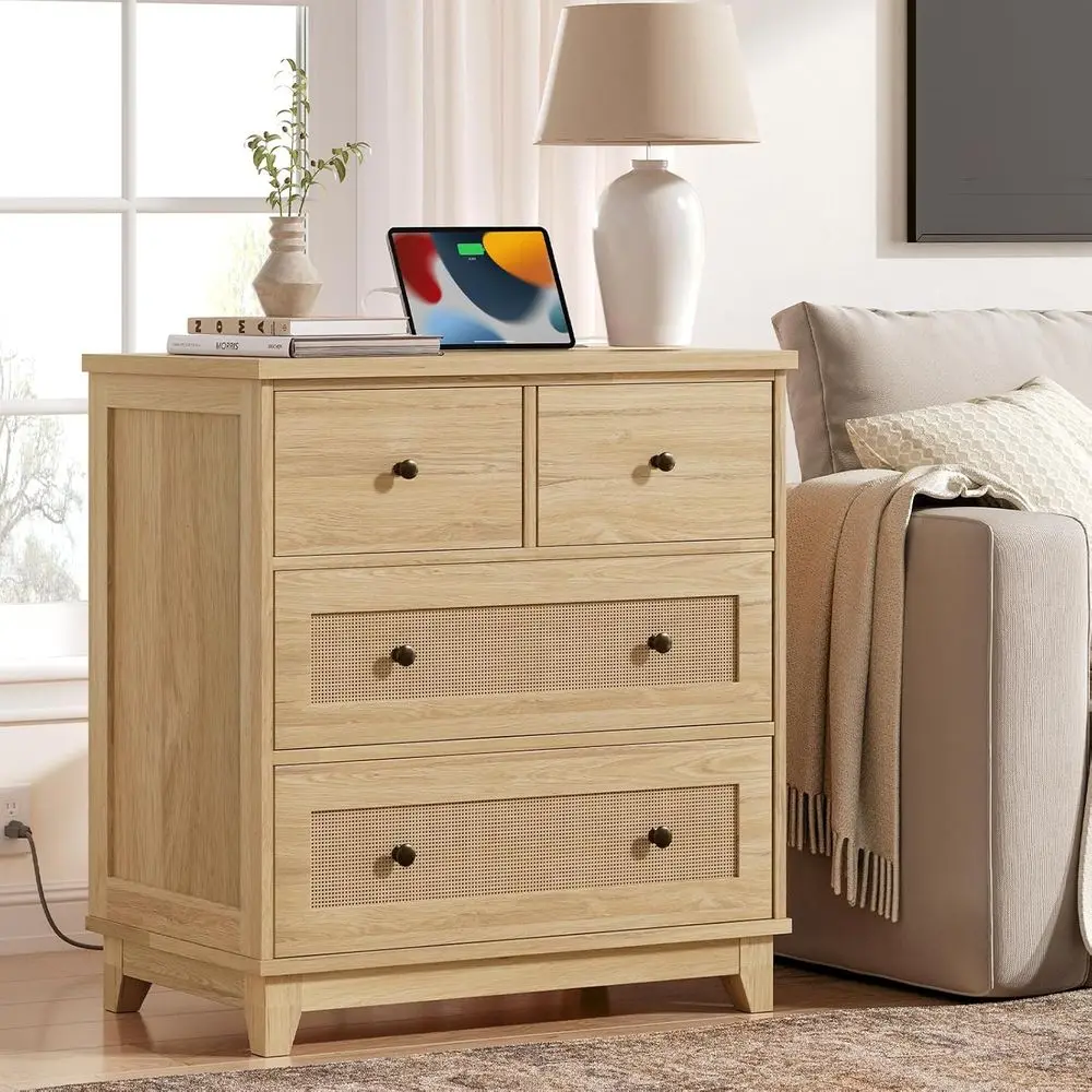 

Rattan Charging Station Nightstand, Bohemian Style Living Room Side Tables, Tall 4-Drawer Nightstand for Bedroom, Study, Natural