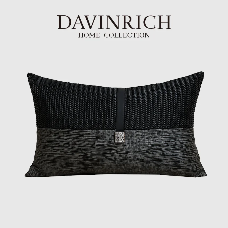 DAVINRICH Buckle Rectangular Cushion Cover Beautifully Hand Crafted Black Leather Fabric Texture Low-Key Luxury Pillowcase 30x50