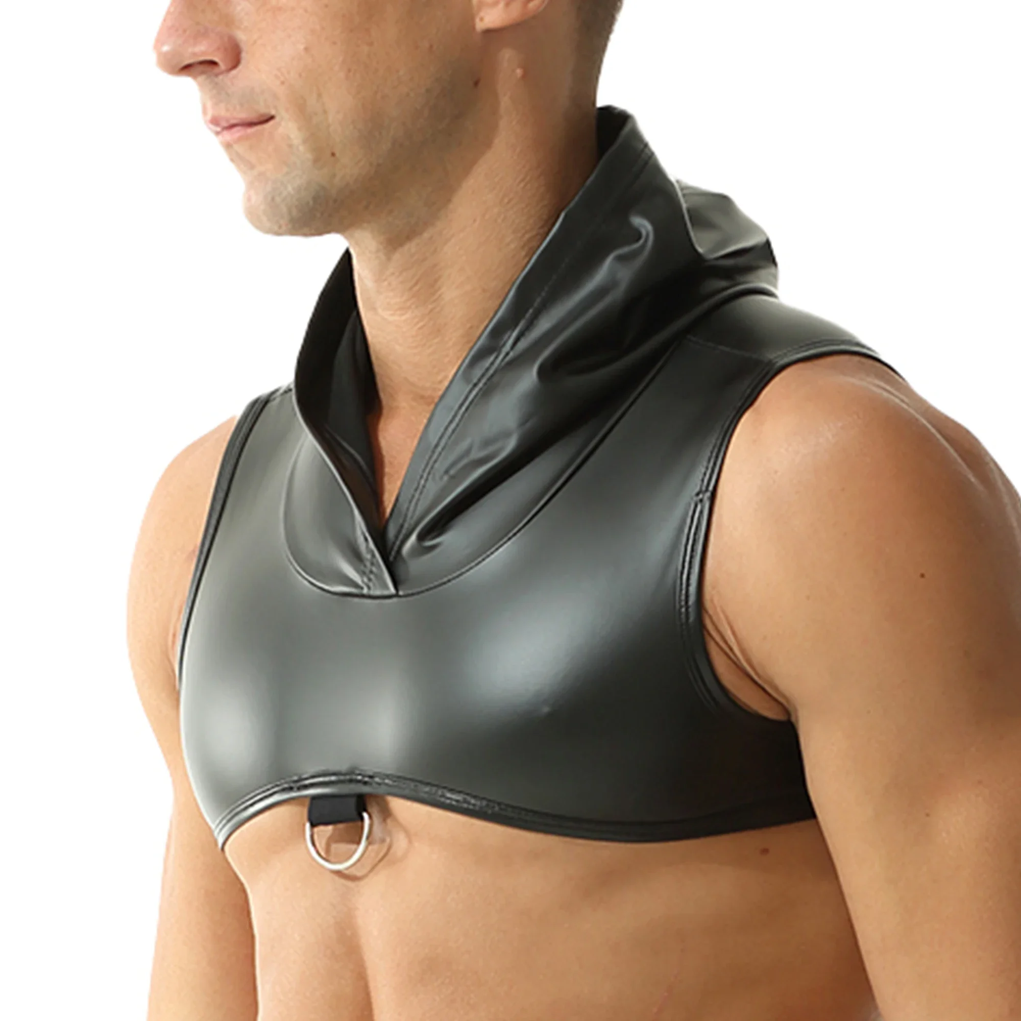 Men's Faux Leather Body Chest Harness Undershirts Nightclub Costumes Crop Tank Tops Muscle Singlets Sexy Hooded Sleeveless Vests