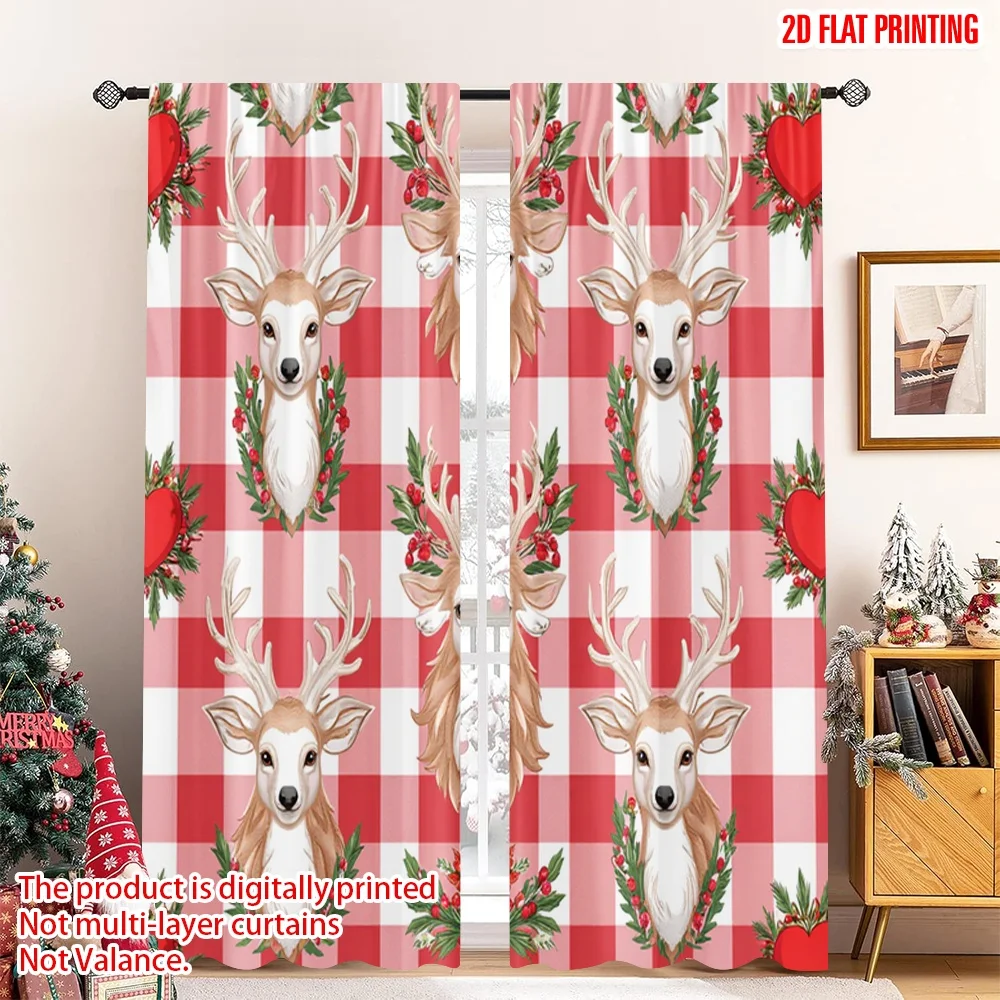 

2pcs 2D flat printing Merry Christmas Curtain Deer Heart Pine Christmas Polyester Without Electricity 0 for Room bedroom wall