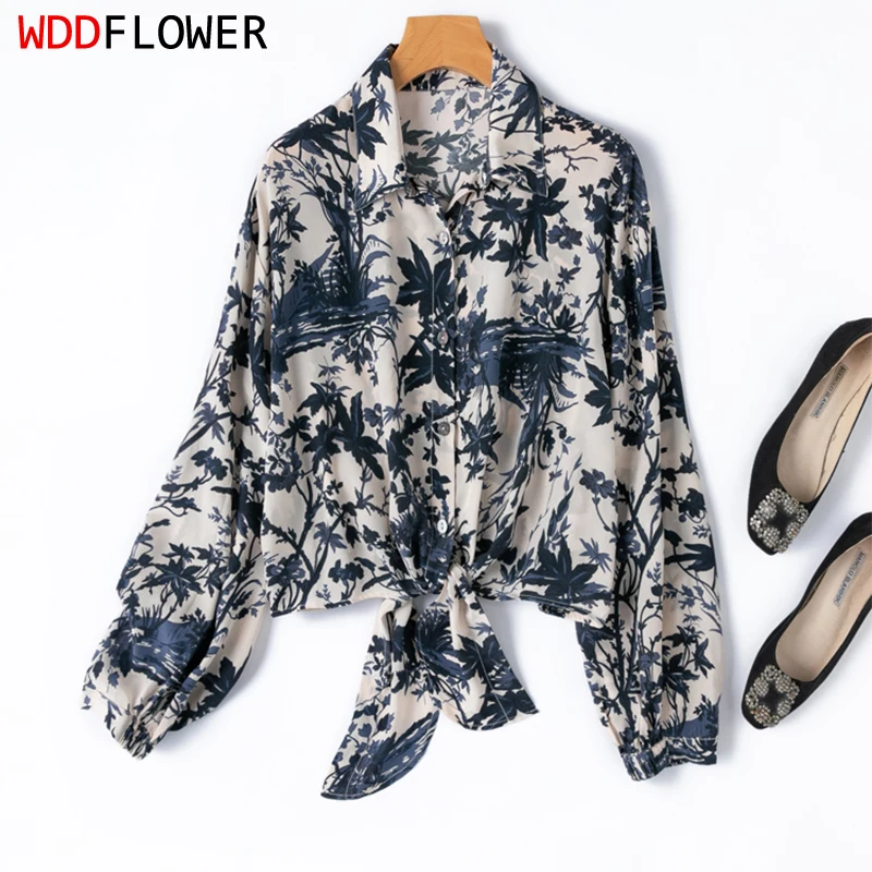 

Women Silk Shirt 100% Mulberry Silk 16 Momme Tree Print Long Sleeve Bow-tied Bottom Loose Type Top Blouse Holiday Vacation M1276