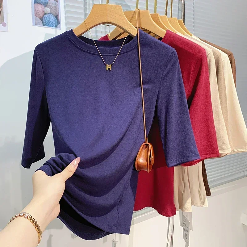 Basic Solid Top Short Sleeve Crewneck T-shirt Summer 2025 Casual Tee For Women Y2k Vintage Top Harajuku Streetwear