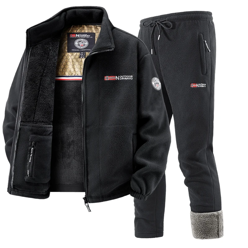 الشتاء الصوف مبطن ملابس رياضية مجموعة رجل الرجعية التدريب سميكة جاكيت من الصوف السراويل قطعتين مجموعة عارضة التزلج الجري رياضية البدلة