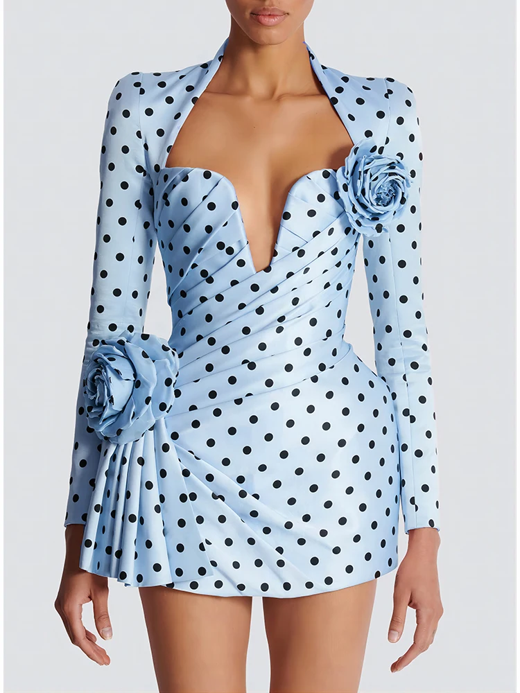 

Sexy V Neck 3D Flower Design Dot Printed Mini Dress Women Pink Long Sleeve Folds Draped Slim Dresses Evening Party Cocktail Gown