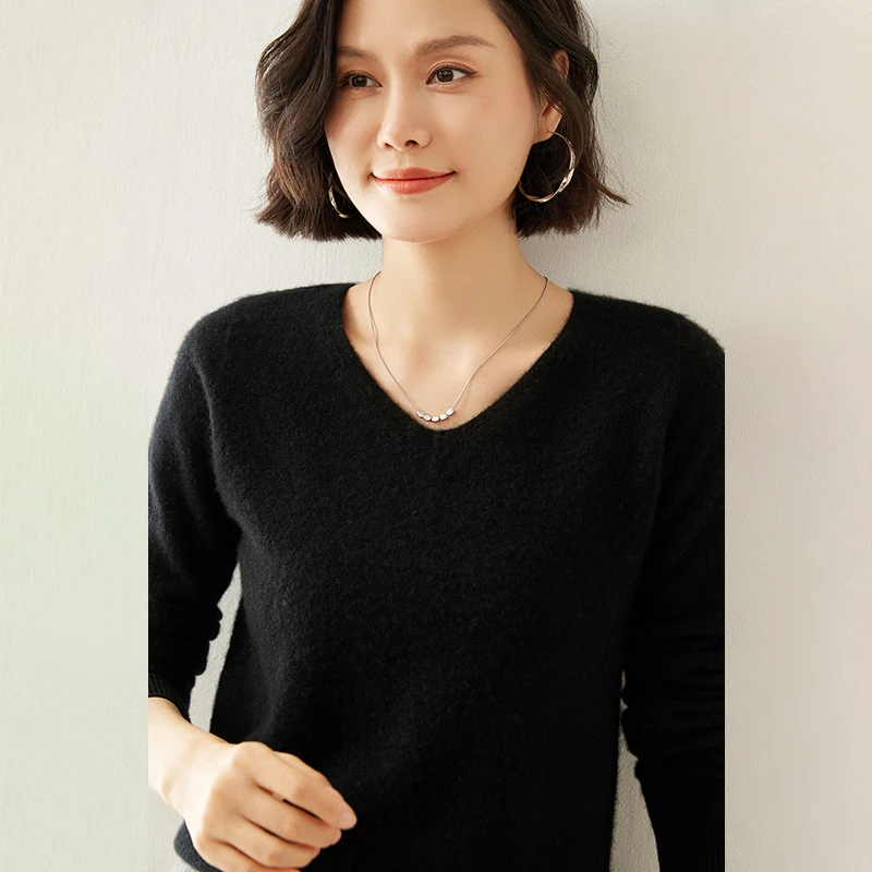 First-Line Ready-To-Wear Hollow V-Neck 65% Wool 35% Cashmere Sweater Women\'s Top Ultra Light Soft Knit Pullover Autumn Winter