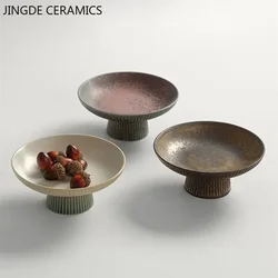 Chinese High Foot Dim Snack Plate Coarse Pottery Kiln Change Fruit Plates Japanese Dishes Ceramic Cake Stand Kitchen Tableware