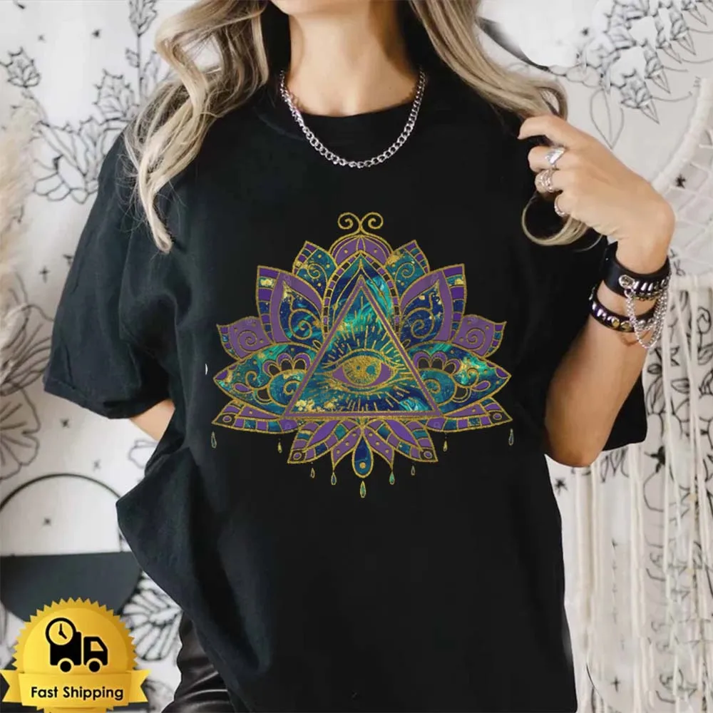 All Seeing Mystic Eye In Lotus Flower T-Shirt Basic O-Neck Print 90s Fashion Short Sleeve Women's Fashion Versatile Style T-Shir