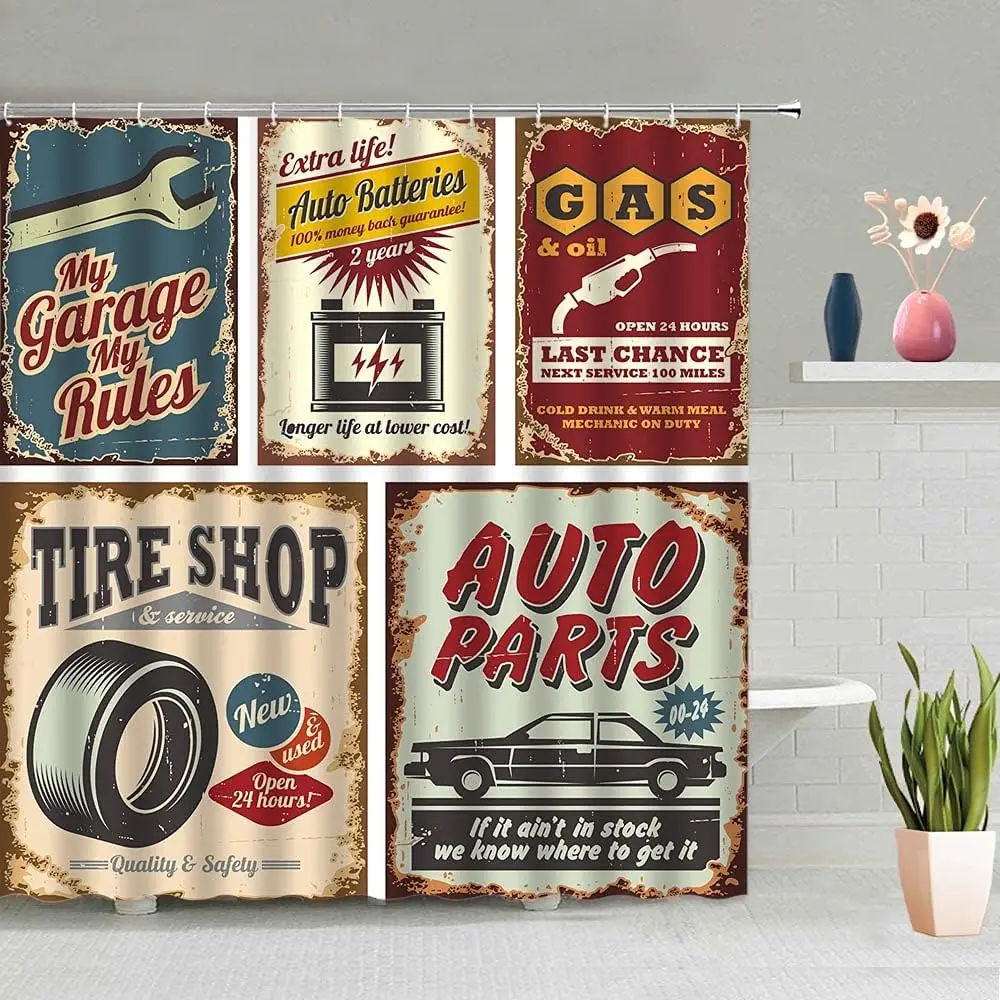

Антикварные автомобили, занавеска для душа 1950-х годов, номерной знак, гаражный постер, ретро-кантри, американский ремонт, винтажные ностальгические буквы для ванной комнаты