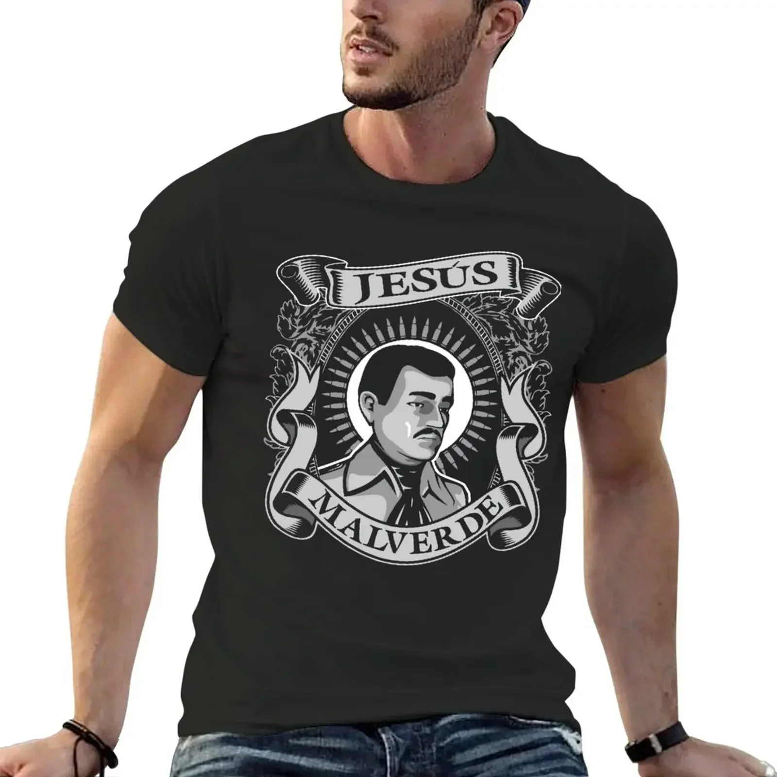 Jesus Malverde Mexican Hero Angel Of The Poor T-Shirt kawaii clothes heavyweights t shirts for men graphic harajuku New Arrival