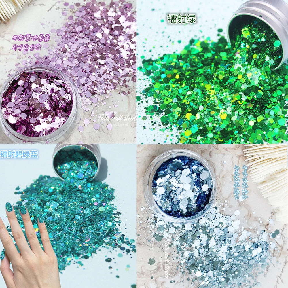 1Jar Mixed Hexagon Nail Glitter Sequins Holographic Lime Poly Nail Sparkly Flakes Green Apple Chunky Holographic Glittle $*$